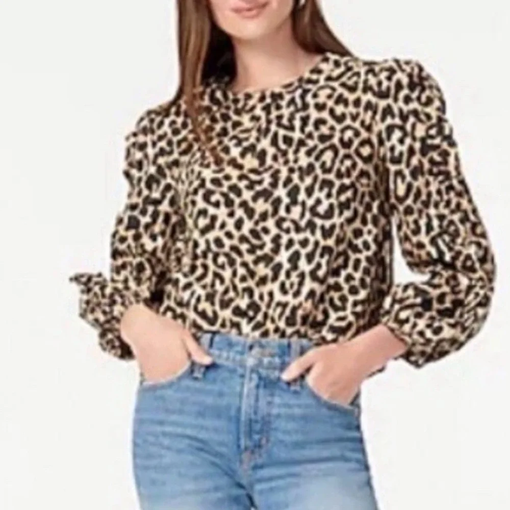 J crew cotton poplin leopard print ruffle long sleeve top size xs